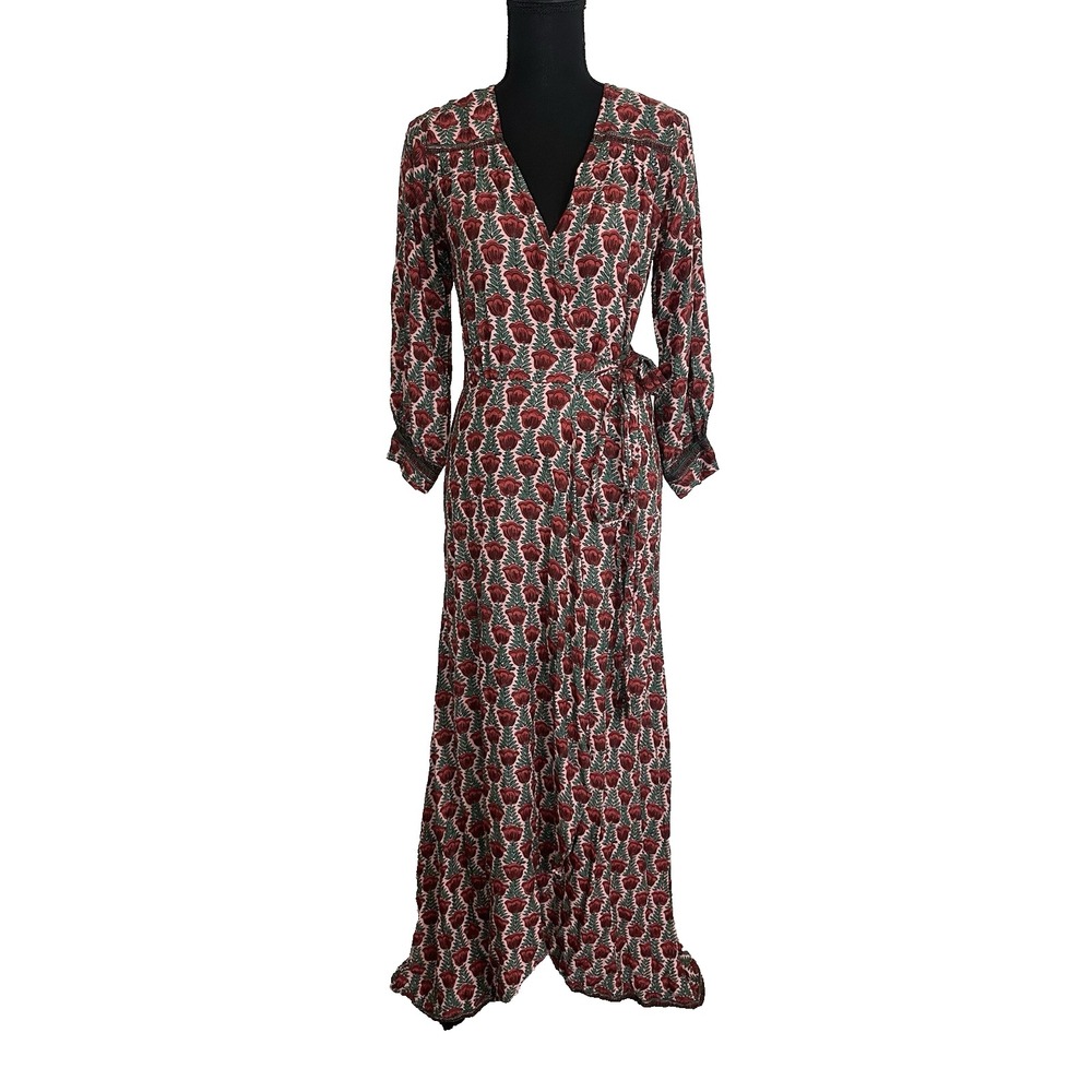 Natalie Martin XS Kate Long Sleeve Wrap Maxi Dress Tulip Venetian Red Floral